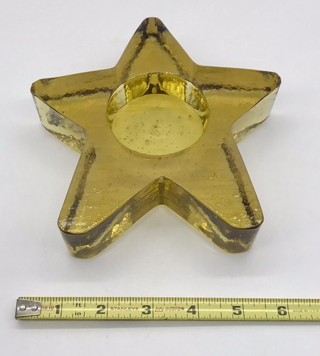 Vintage schwerer Recycling Glas gelb golden Bernstein Stern Windlicht Teelicht Kerzenhalter - Bild 4 von 5
