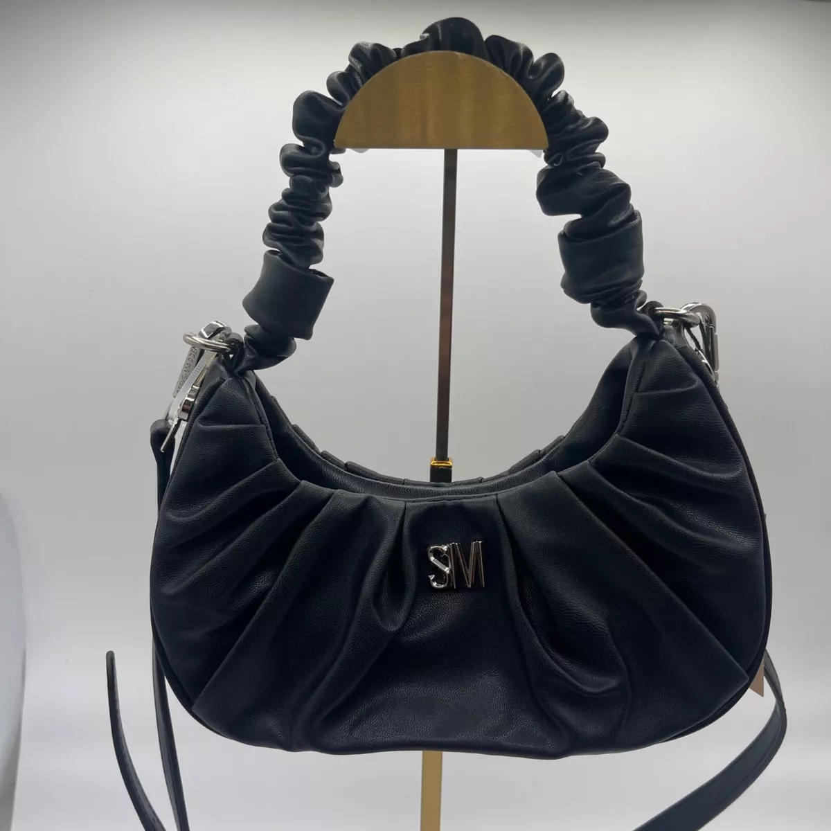 Women s Steve Madden Black Ruched Slinky Strap Hobo Handbag Purse