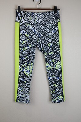 Onzie Leggings Women s/m Capri Lime Green Blue Athleisure Athletic All Printed