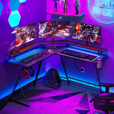 SEVEN WARRIOR Gaming Desk 50.4” with LED Strip & Power Outlets, L