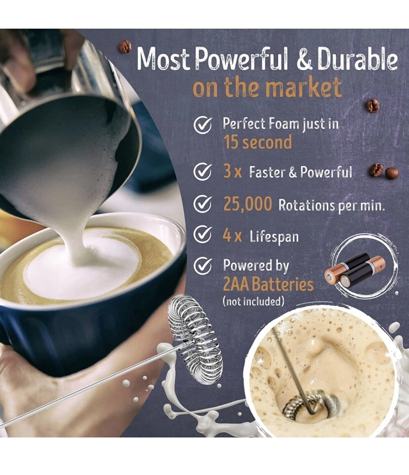 Milk Frother Handheld Foam Maker Mixer Whisk & Stand Premium Function. Durable