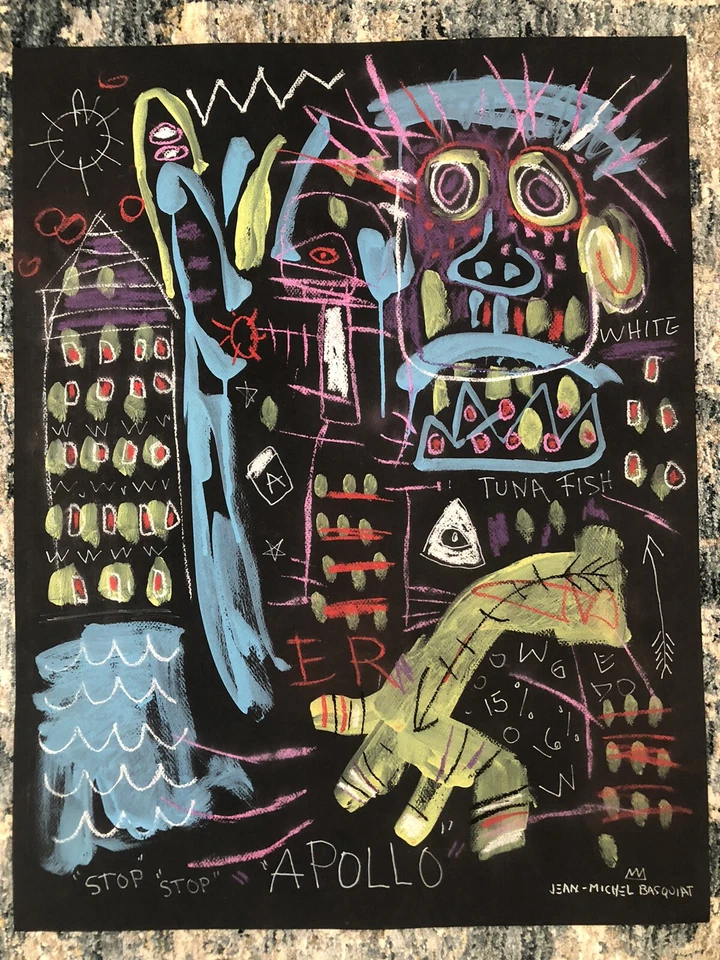 JEAN-MICHEL BASQUIAT / Medios mixtos reales sobre papel, dibujo artístico firmado a mano. Foto 2 de 4