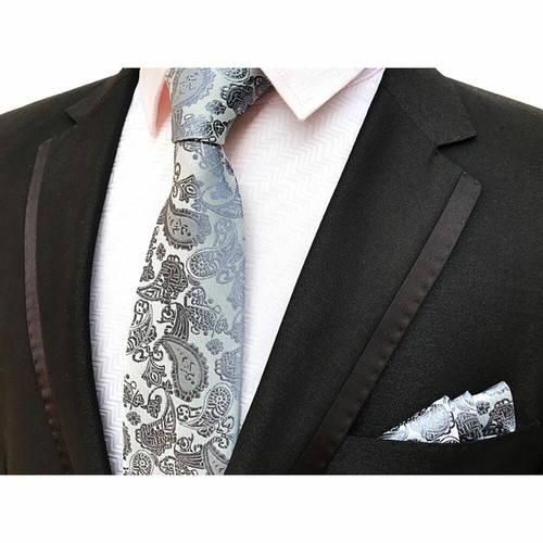 Mens Paisley Floral Tie Jacquard Woven Silk Necktie Pocket Square Handkerchief - Picture 33 of 56