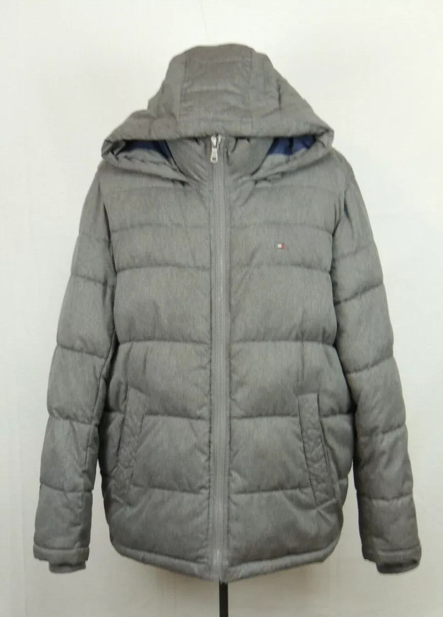 Men Tommy Hilfiger XL Puffer Jacket Puff Hooded Hoodie Winter Grey Dress Solid