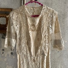 Antique Edwardian Mixed Lace Dress Hand Embroidered Gown Filet Crochet Vintage