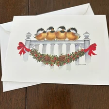 Merry Christmas Birds On White Picket Fence Holiday Blessing Greeting Card