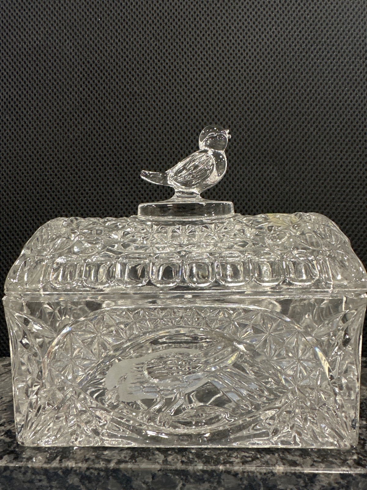 Bleikristall Hofbauer Germany Lead Crystal Trinket Box With Bird Lid & Starburst