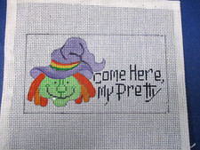 Handpainted Needlepoint Canvas Halloween Come Here, My Pretty Witch Sign Small
