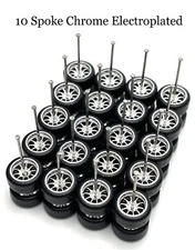 10x Sets Chrome 10 Spoke Real Riders Wheels w/ Rubber Tires Sets for 1/64 Scale