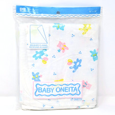 Vtg BABY ONEITA Flannel Cotton Receiving Blanket Pastel Bunnies Bears NOS