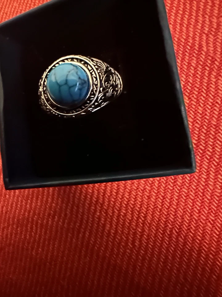 Bague En argent sertie d'une pierre en Turquoise De Synthèse pour homme ou femme - Photo 3/4