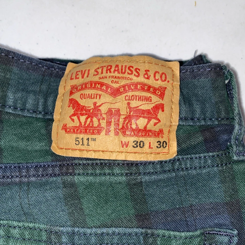 Levi's 511 Denim Tartan Plaid Jeans Unisex Sz 30X30 Unique Holiday Ugly Xmas - Image 3 of 4