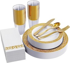 175 Ct Gold Dinnerware Set for 25 Guests, Plastic Plates with Gold Lace Rim