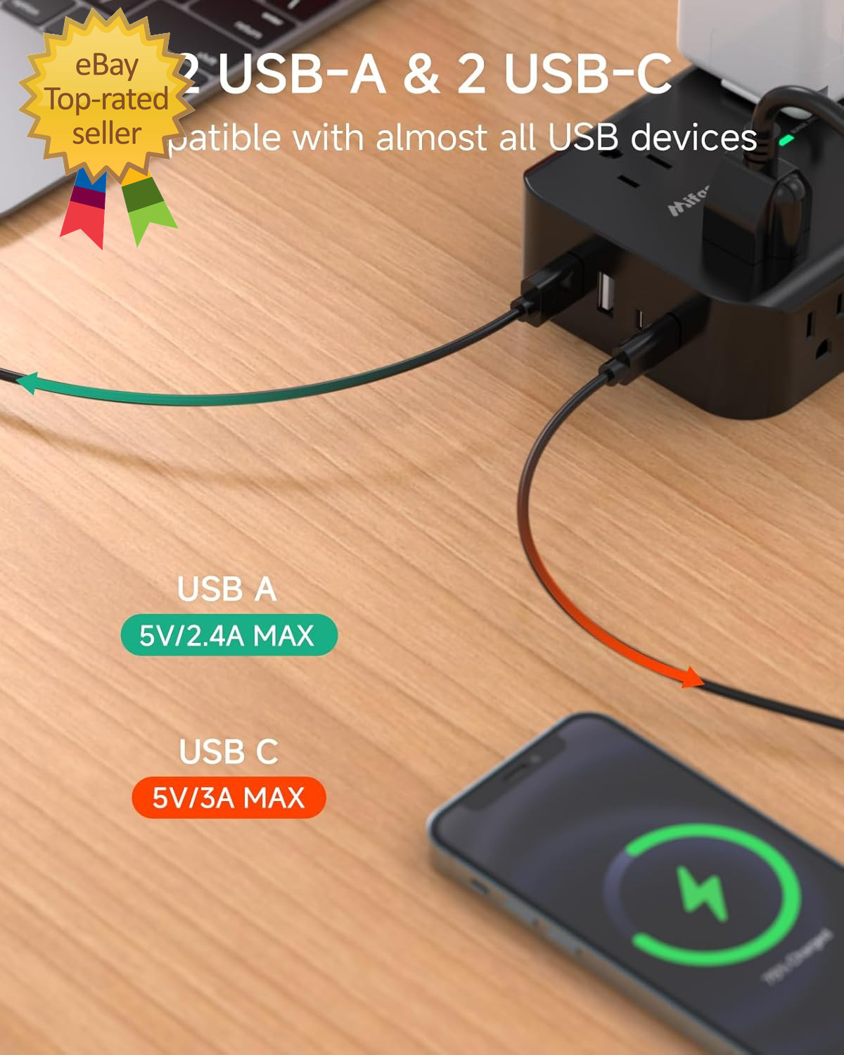 Power Strip Surge Protector -Flat Plug Wall Mount 8 Wide Outlets with 4 USB Port