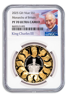 Moneda de plata Monarcas de Gran Bretaña 2025 de 1 oz con chapado en oro NGC PF70 UCAM