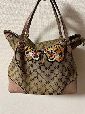 GUCCI GG Tigers Hand Bag Magnetic Leather Canvas Pink Beige Gold Hardware Japan