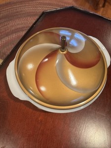 VTG MCM Fire King Chafing Dish 2 Qt Ceramic Copper Tint w/Swirl Metal Lid 8.75"W