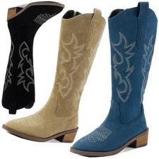Women Chelsea Cowboy Knee High Boots for Women Mid Heels Walking Shoes Winter