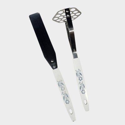 Vintage Kitchen Utensil Set White Blue Corningware Floral Icing Spatula/ Masher