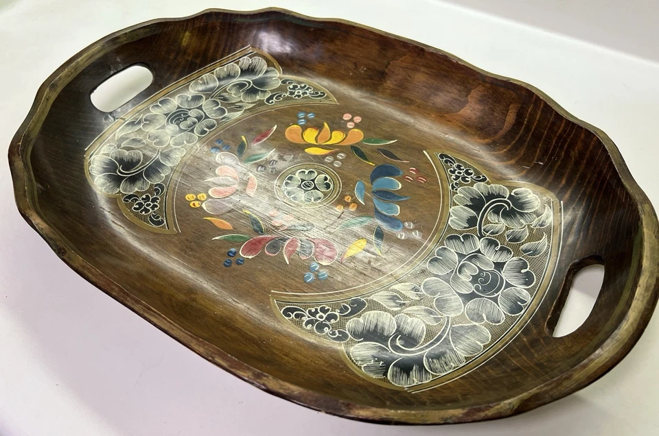 Винтажный деревянный поднос с ручной росписью овальный народное искусство цветочный декор 19,5 x 13,5 дюйма - Изображение 2 из 4