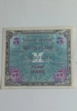 1944 WWII Germany Allied Occupation Military Currency 5 Mark Banknote Fine
