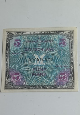 #ad #ad 1944 WWII Germany Allied Occupation Military Currency 5 Mark Banknote Fine $5.10