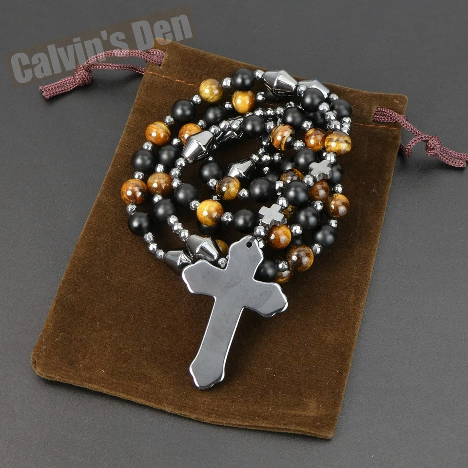 Тигровый глаз матовый черный обсидиан черный гематит крест подвеска ожерелье мужчин подарок - Изображение 3 из 4