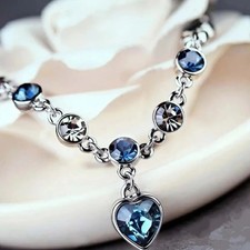 Charm Bracelet - Silver Blue Crystal Heart - Wedding Engagement Jewelry
