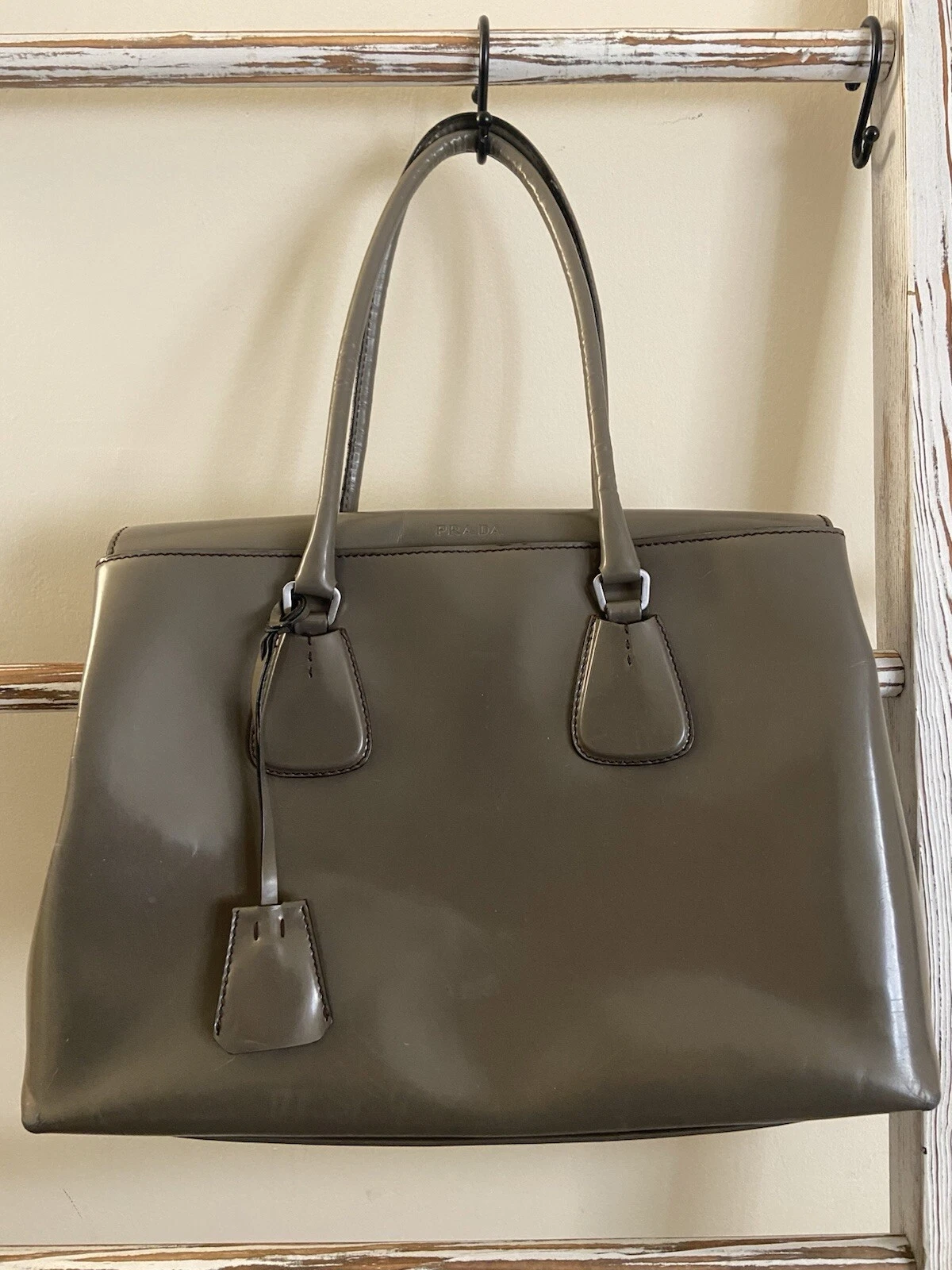 Prada Spazzolato Glossy Matte Gray Patent Leather Hand Shoulder Bag, Good Cond