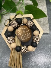 7" Handmade Silicon Bead Leather Tassel Mama Keychain Purse Wristlet B2571