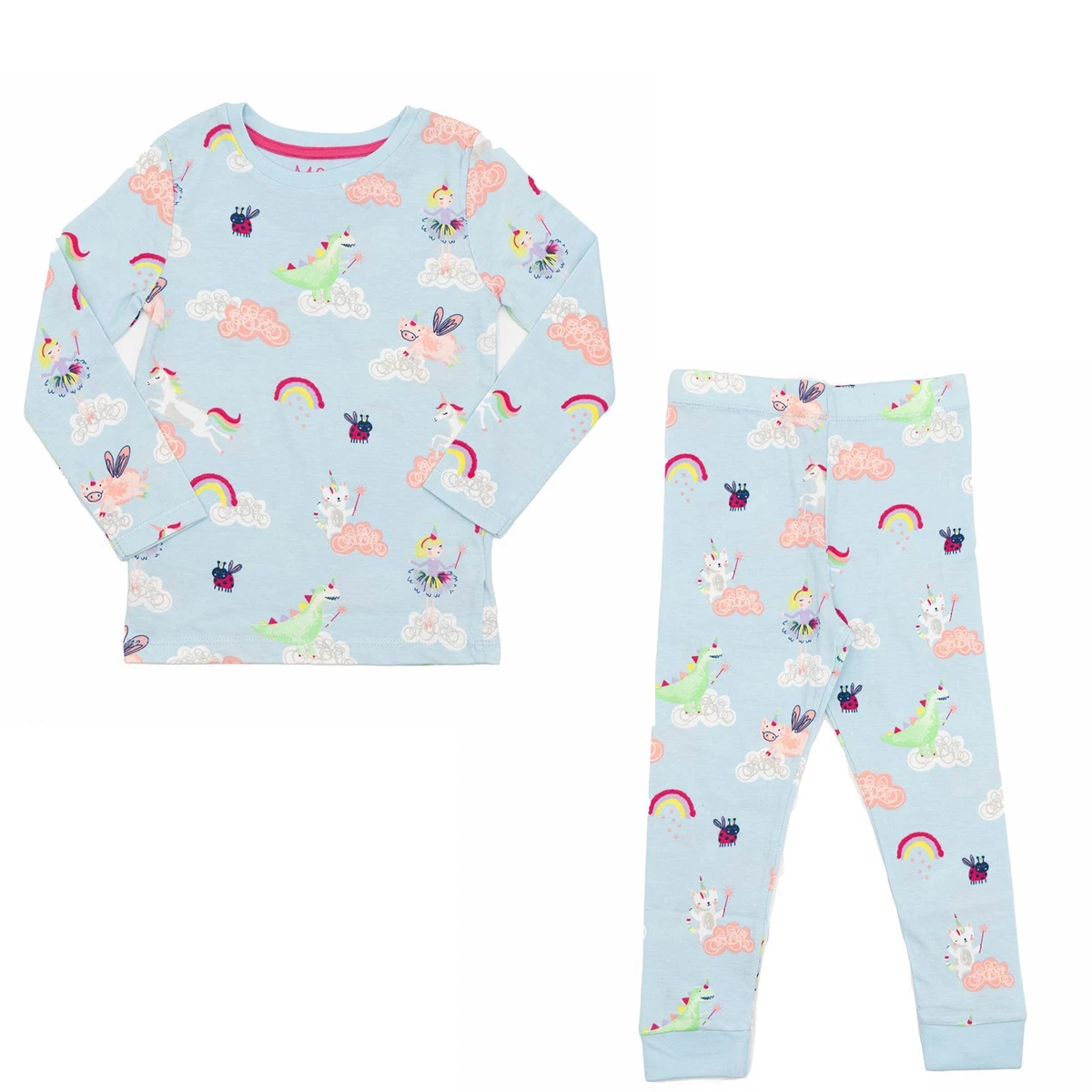 M S Girls Pyjama Set Long Sleeve Round Neck Blue Rainbow Present