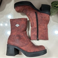 VTG 90s Harley Davidson Chunky Platform Red Leather Suede Boots