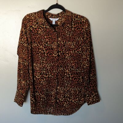 Nine West Animal Print Leopard Cheetah Chiffon Button Down Shirt M Petite