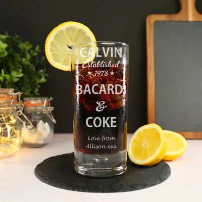 Personalised Engraved Boxed Bacardi & Coke Glass Birthday Xmas Gift Est. Star