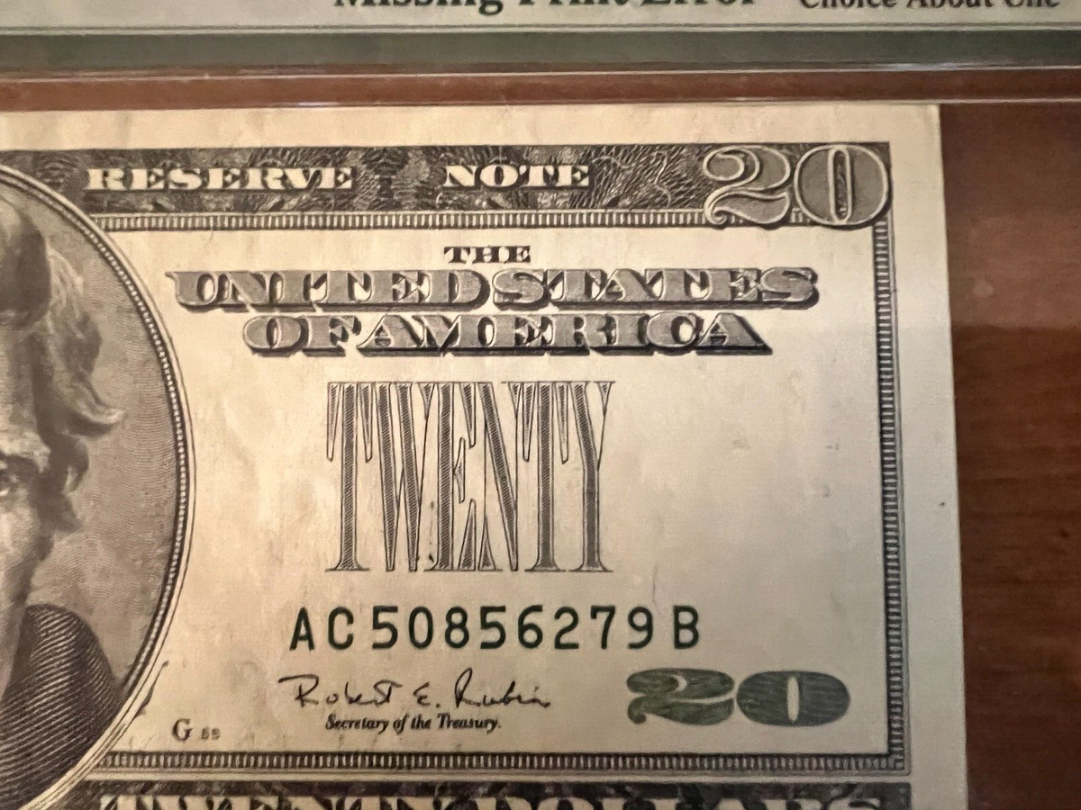 1996 $20 F R Note Philadelphia PMG 58 EPQ Treasury Seal Missing