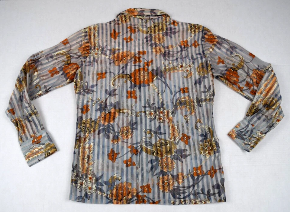 Camisa Top Vintage Joel California Talla S/M Años 70 Gris Semi Transparente Rayas Floral Foto 2 de 4