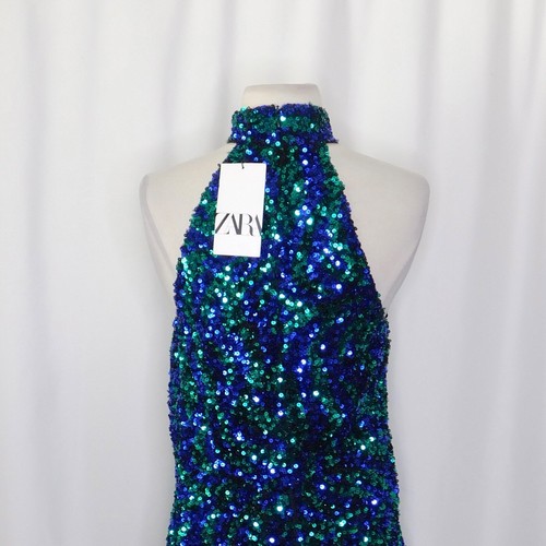 NWT!! ZARA Sequin Halter Mini Dress Sequins Blue Green Party Cocktails X-Small - Picture 10 of 20