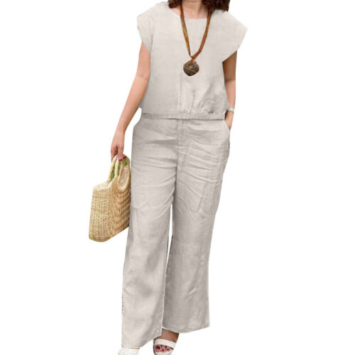 Vintage Women Short Sleeve O Neck Tops T-shirt Wide Leg Long Pants Trousers Sets - Picture 15 of 15