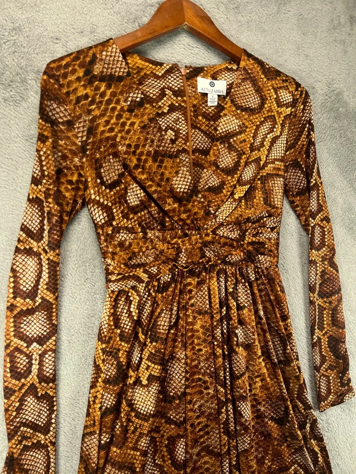 ALTUZARRA Dress Womens 2 Bronze Brown Python Snake Satin Plunge Long Sleeve - Image 2 of 4