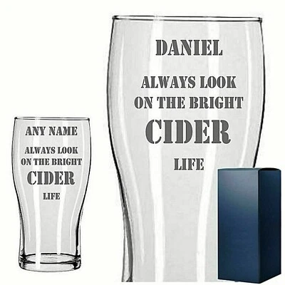 RIVENG Personalised Engraved PINT GLASS LOOK ON THE BRIGHT CIDER LIFE BIRTHDAY ANY