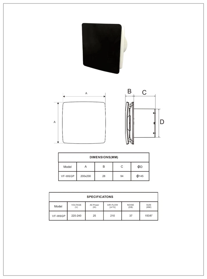 Extractor de baño Ventilador Negro Mate Vidrio 150mm/6" con Humedad VF-W6GP - Imagen 2 de 4