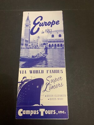 1951 Europe Campus Tours Cunard Queen Elizabeth & Queen Mary Brochure