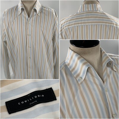 Equilibrio Long Sleeve Button Shirt L Blue Tan Stripe Cotton Italy YGI J2-254