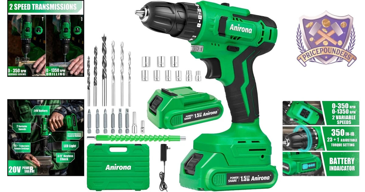 Cordless Drill Set 350 In lb Torque 2 Variable Speeds Multi