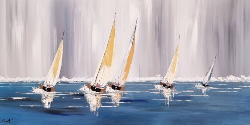TABLEAU PEINTURE bateaux voiliers, gris bleu beige, peinture art fait à la main - Photo 1/9