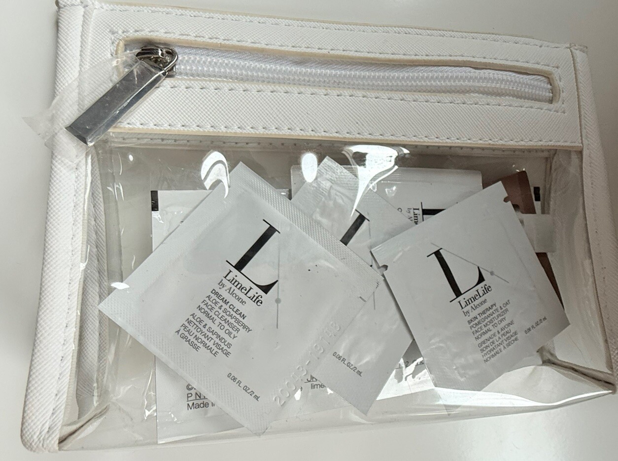 LimeLife by Alcone Travel Set Makeup Remover Cloth Moisturizer Puff Bag