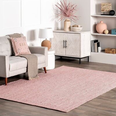 Pink Rug Jute Square Carpet Natural Rug Hand Braided Farmhouse Modern Rustic