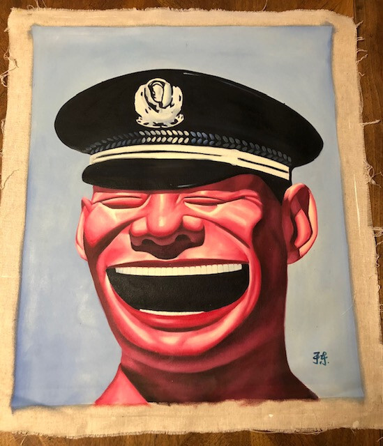 In The Style of Yue Minjun Laughing Black Hat Acrylic Canvas