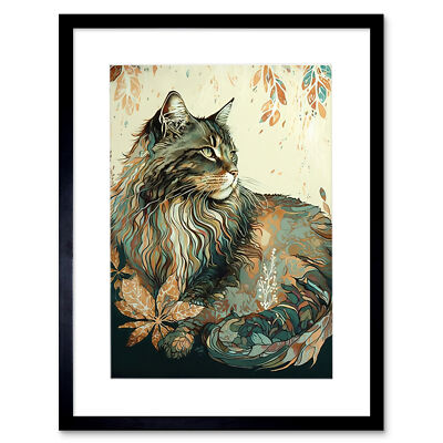 Maine Coon Katze Blumenmuster Aquarell gerahmt Wandkunstdruck Bild 12x16