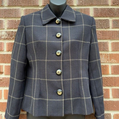Louben Petites Virgin wool Pant Suit button up Blazer Sz 6 plaid Navy Vintage